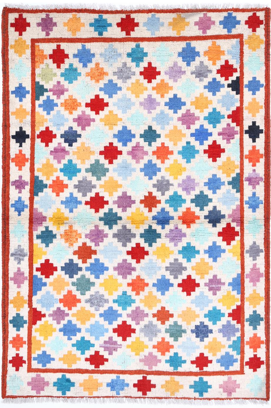 Ivory Afghan Tribal Rug 3'4" x 5'0" Hand-Knotted
