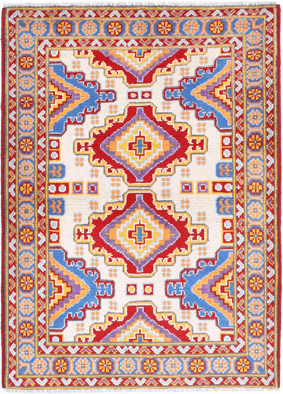 Ivory Afghan Tribal Rug 3'5" x 4'10" Hand-Knotted