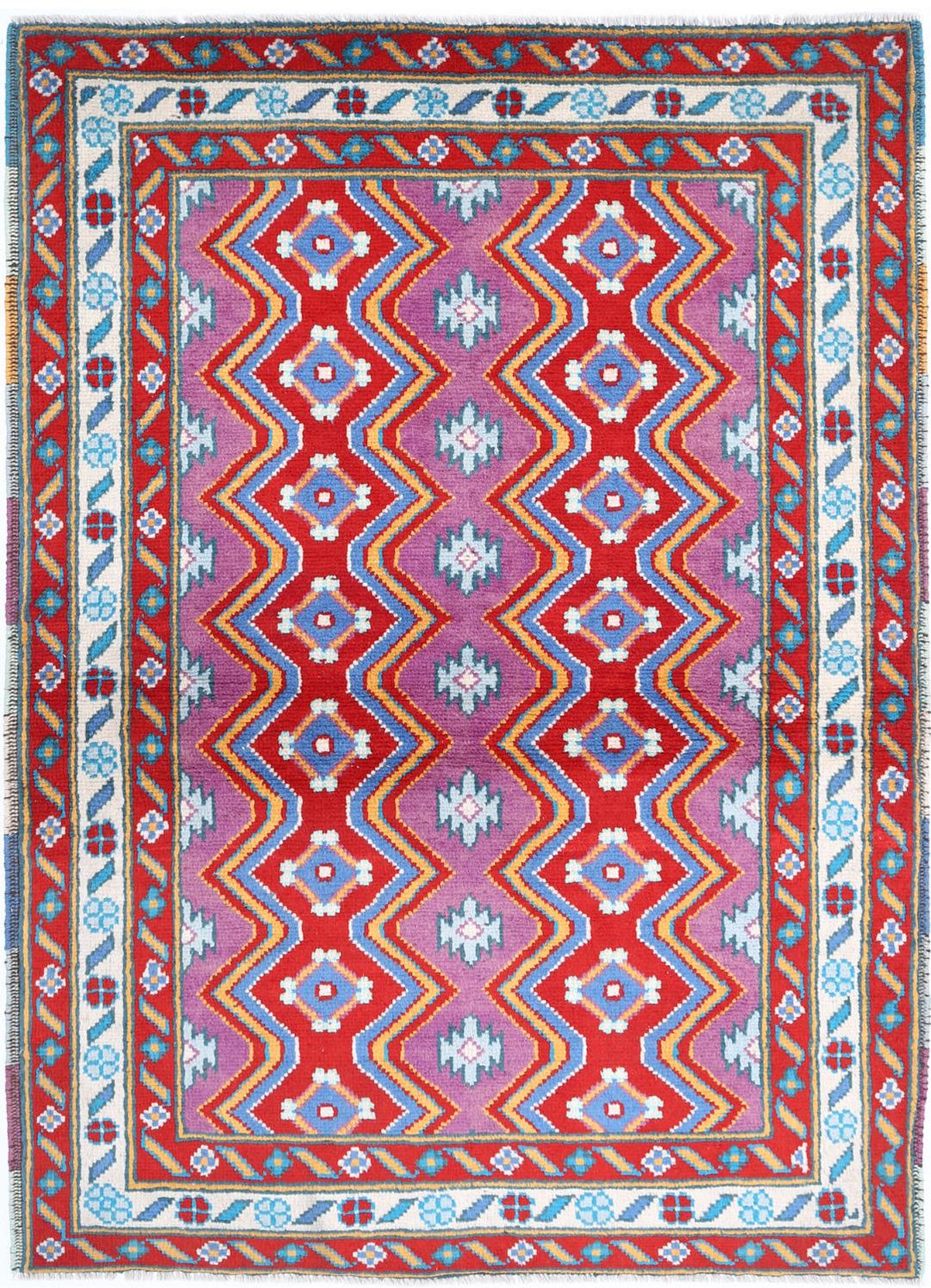 Purple Afghan Tribal Rug 4'1" x 5'8" Hand-Knotted