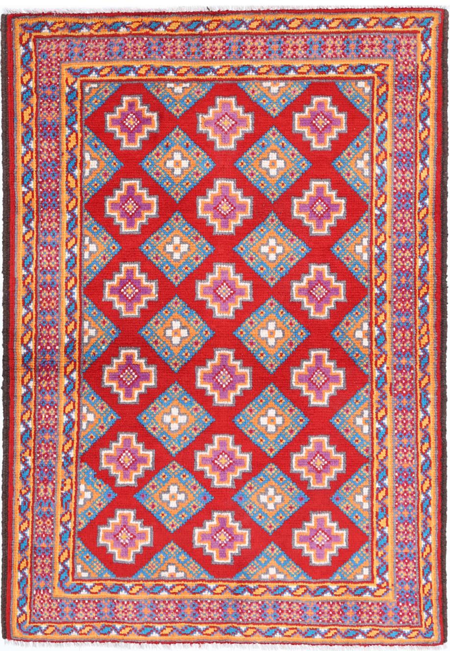 Red Afghan Tribal Rug 3'5" x 4'11" Hand-Knotted
