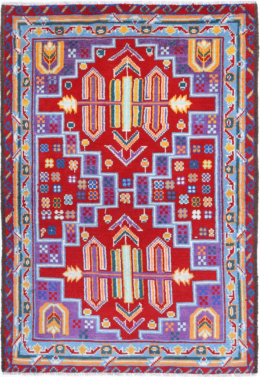 Purple Afghan Tribal Rug 3'3" x 4'11" Hand-Knotted