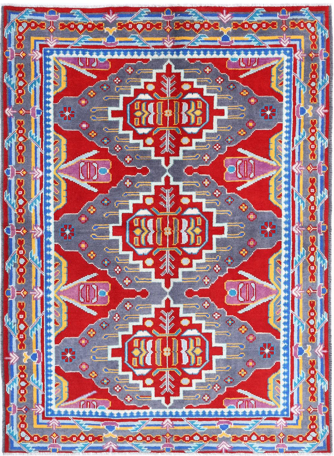 Red Afghan Tribal Rug 5'7" x 7'9" Hand-Knotted