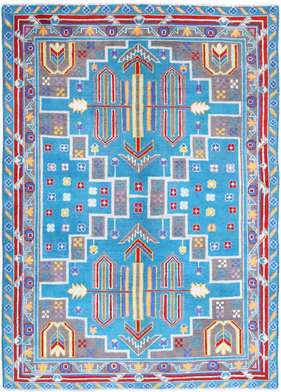 Teal Afghan Tribal Rug 5'7" x 7'8" Hand-Knotted