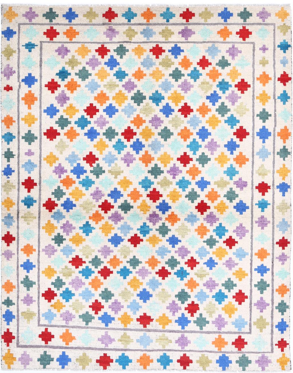 Ivory Afghan Tribal Rug 5'1" x 6'8" Hand-Knotted