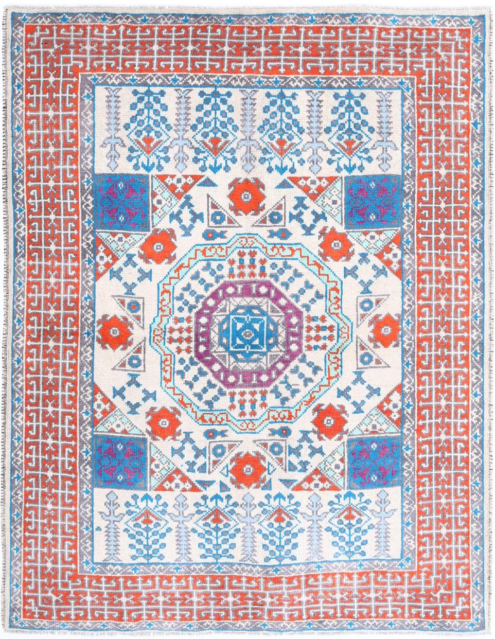 Ivory Afghan Tribal Rug 5'0" x 6'4" Hand-Knotted