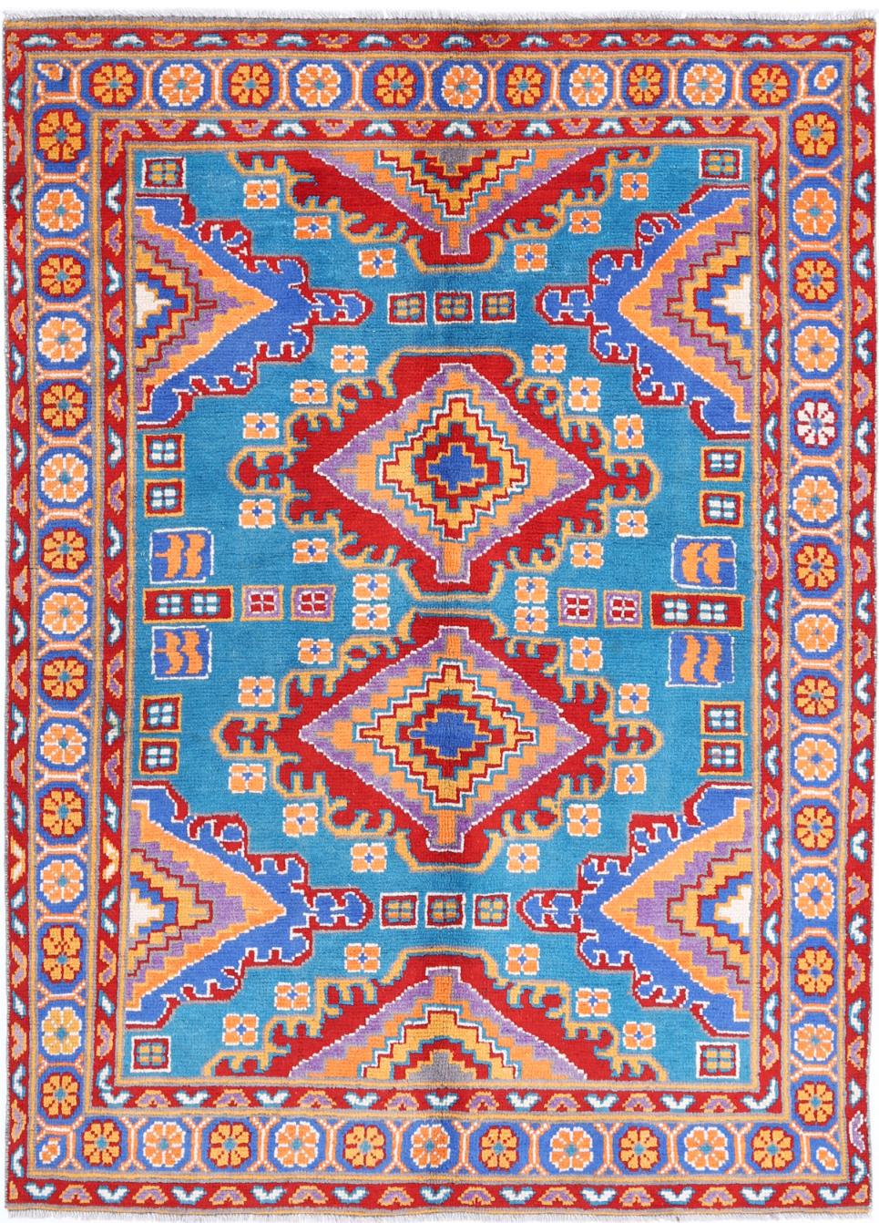 Teal Afghan Tribal Rug 4'8" x 6'8" Hand-Knotted