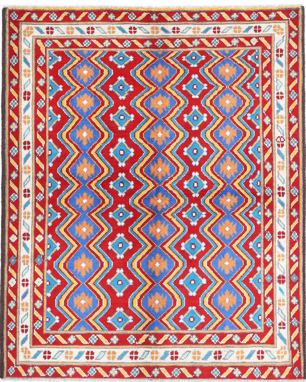 Red Afghan Tribal Rug 5'0" x 6'4" Hand-Knotted