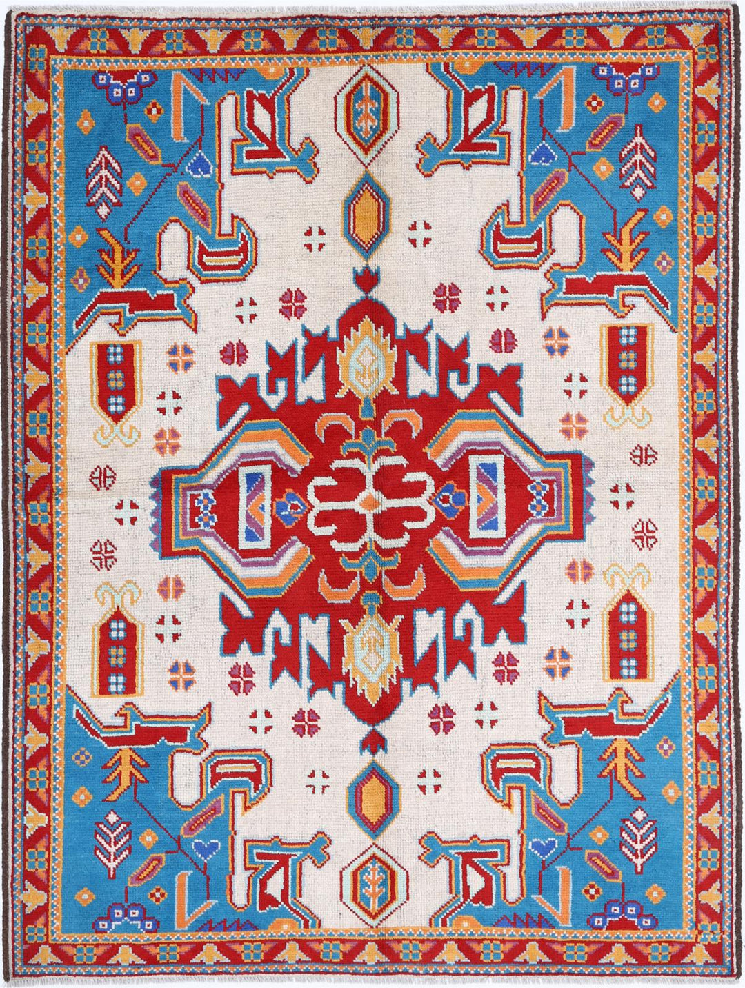 Ivory Afghan Tribal Rug 5'1" x 9'6" Hand-Knotted