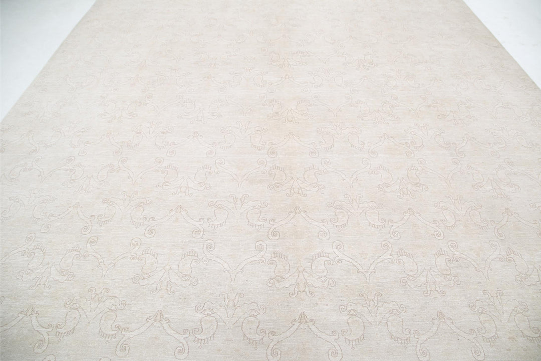 Ivory Afghan Oriental Rug 11' 0" x 14' 9" Hand-Knotted pattern