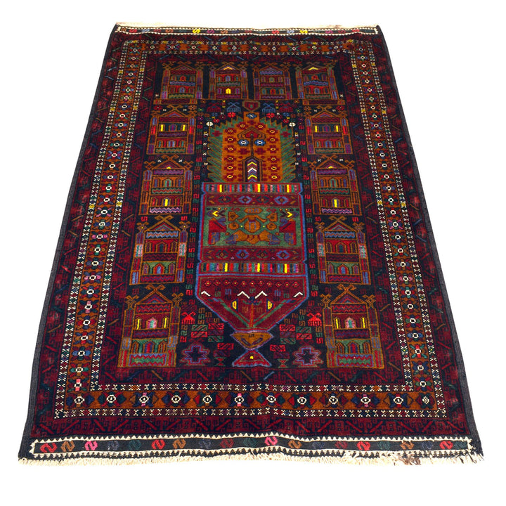 Afghan Prayer Rug 3'1" x 4'9" Hand-Knotted close-up