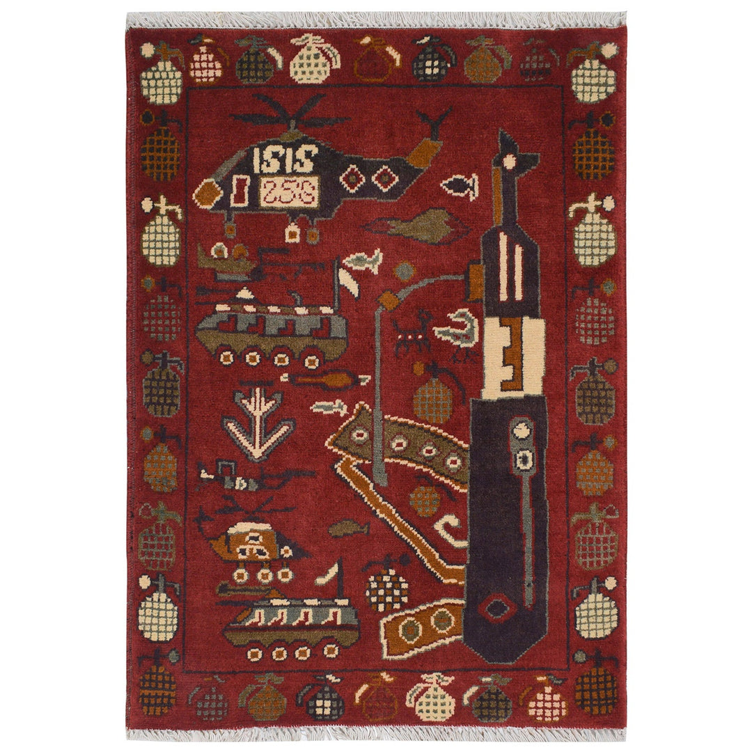 Red Afghan War Rug 2' x 2' 9" Hand-Knotted
