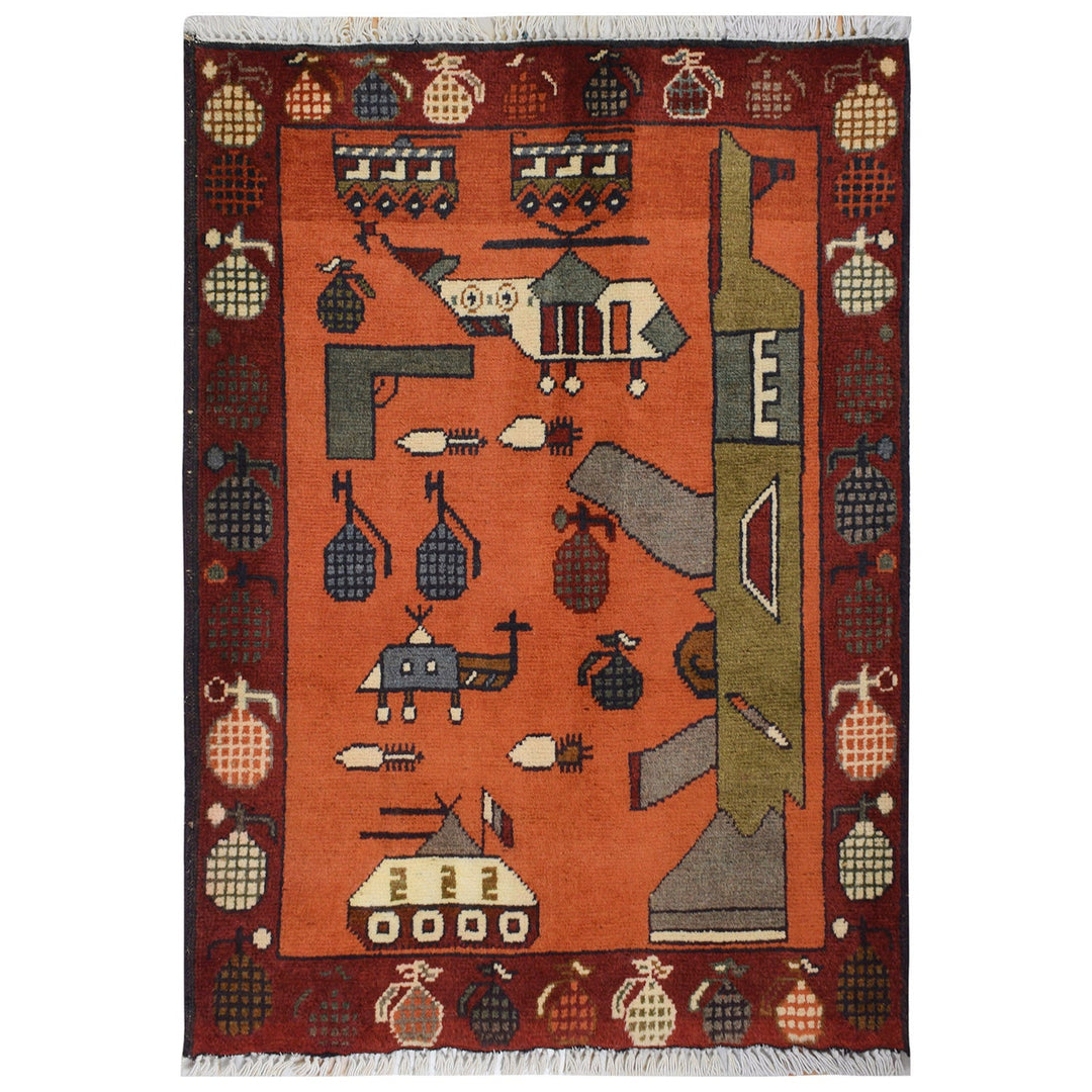 Orange Afghan Tribal Rug 2' x 2'8" Hand-Knotted