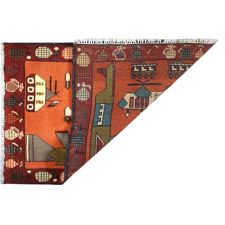 Orange Afghan Tribal Rug 2' x 2'8" Hand-Knotted detail