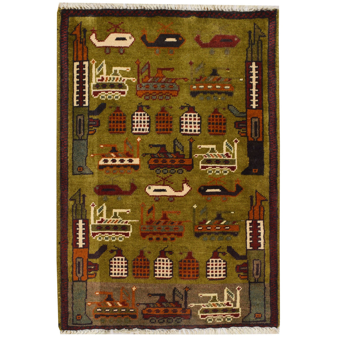 Green Afghan Tribal Rug 2' x 2' 7" Hand-Knotted