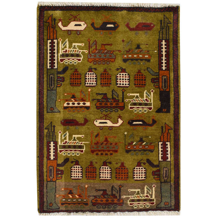Green Afghan Tribal Rug 2' x 2' 7" Hand-Knotted