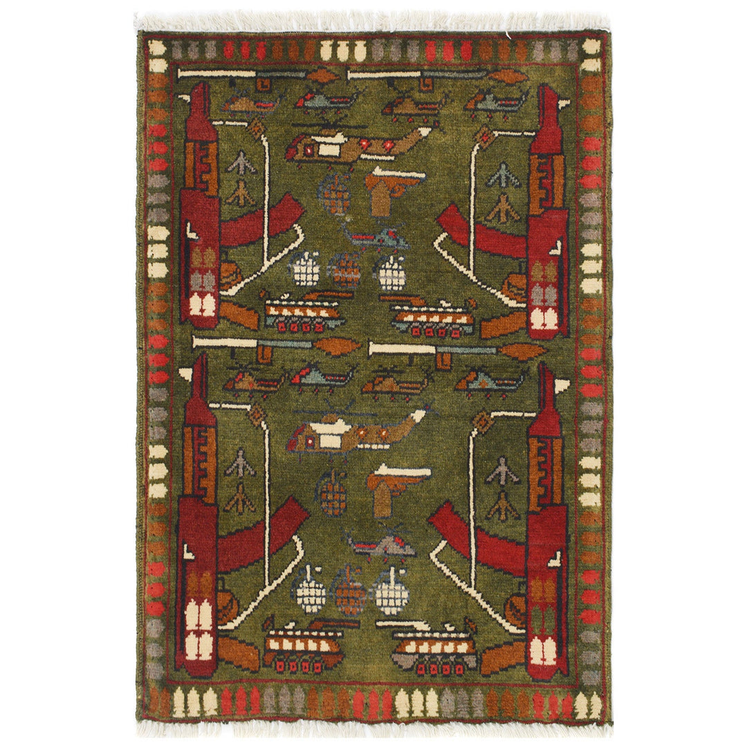 Green Afghan Tribal Rug 2' x 2' 9" Hand-Knotted