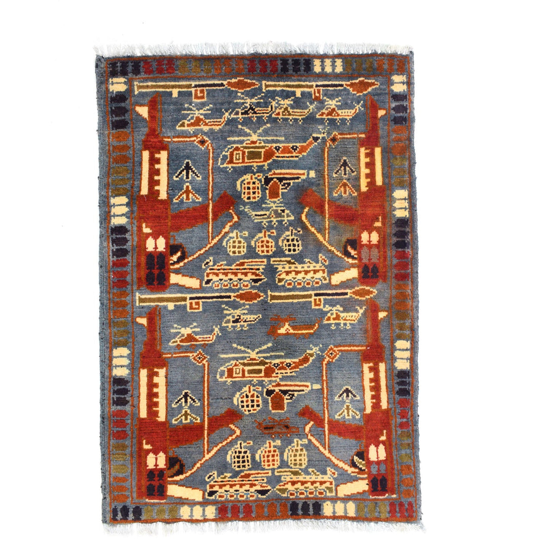 Blue Afghan War Rug 2' x 2'9" Hand-Knotted