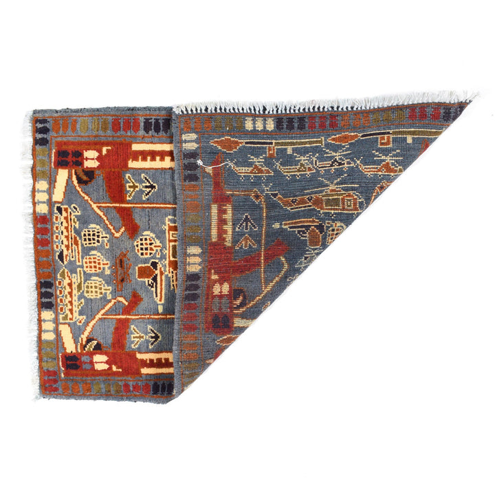 Blue Afghan War Rug 2' x 2'9" Hand-Knotted detail