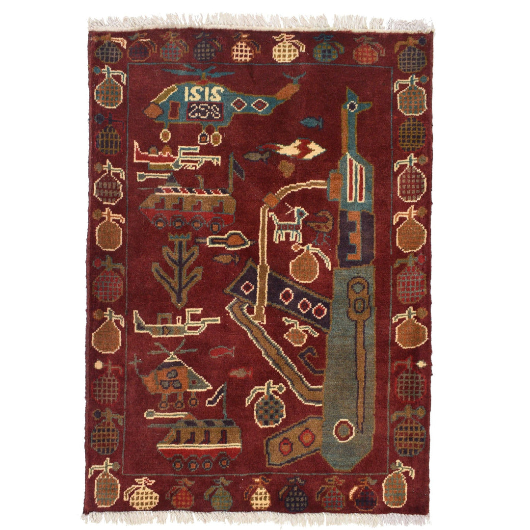 Red Afghan War Rug 2' x 2'9" Hand-Knotted