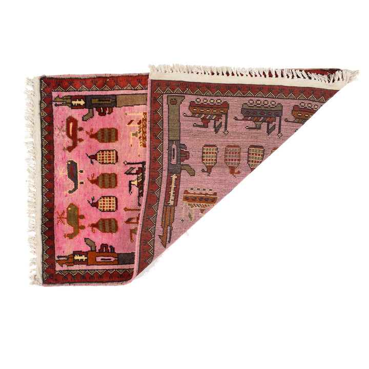 Pink Afghan Tribal Rug 2' x 2'8" Hand-Knotted detail