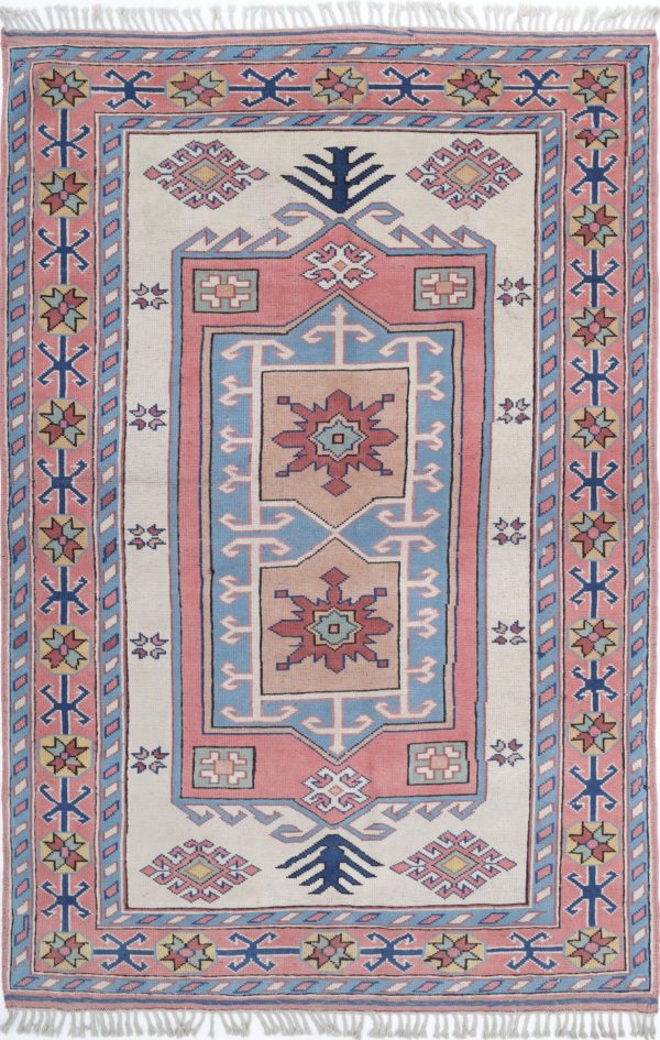 Ivory Afghan Milas Rug 5'2" x 7'11" Hand-Knotted