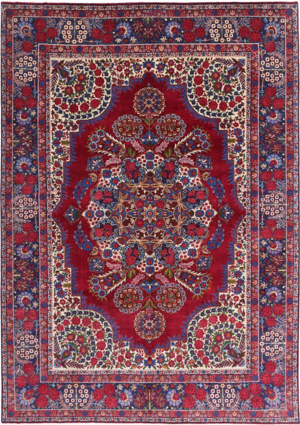 Red Afghan Mashad Rug 6'11" x 9'9" Hand-Knotted