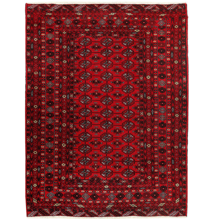 Red Afghan Bokhara Rug 4' 1" x 5' 4" Hand-Knotted | No. AL31759