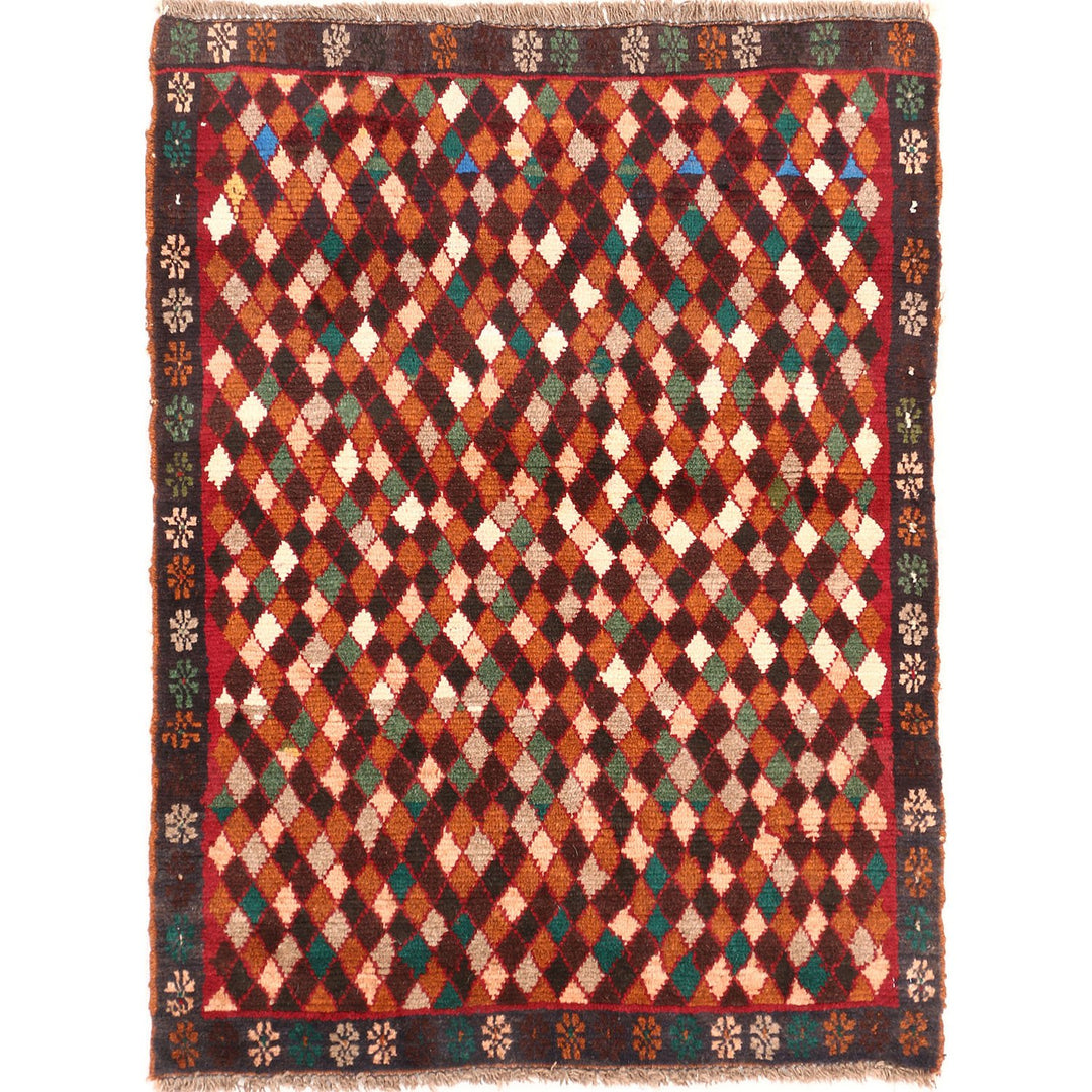 Tan Afghan Baluchi Rug 2' 7" x 3' 6" Hand-Knotted