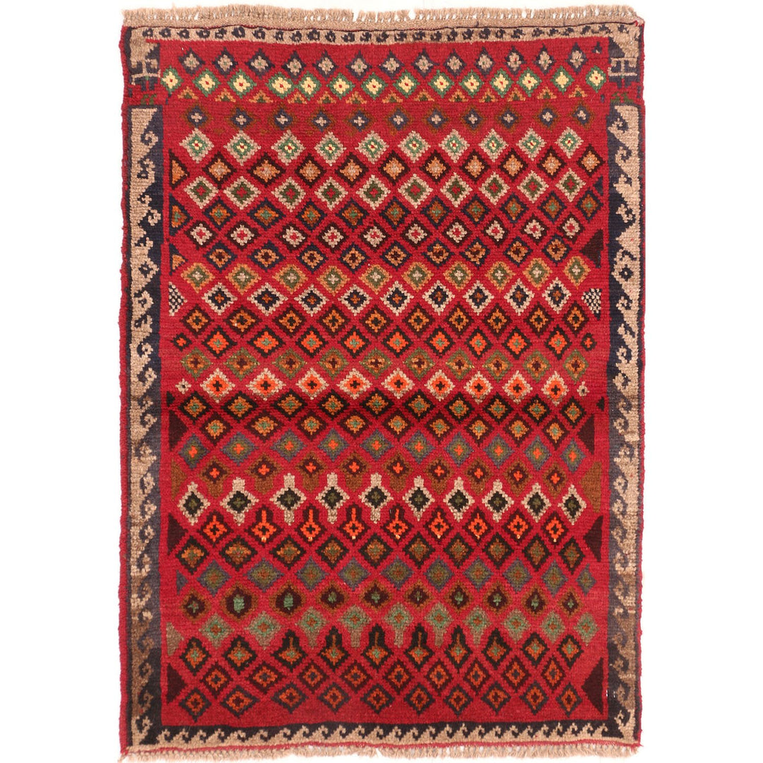 Red Afghan Baluchi Rug 2' 7" x 3' 8" Hand-Knotted