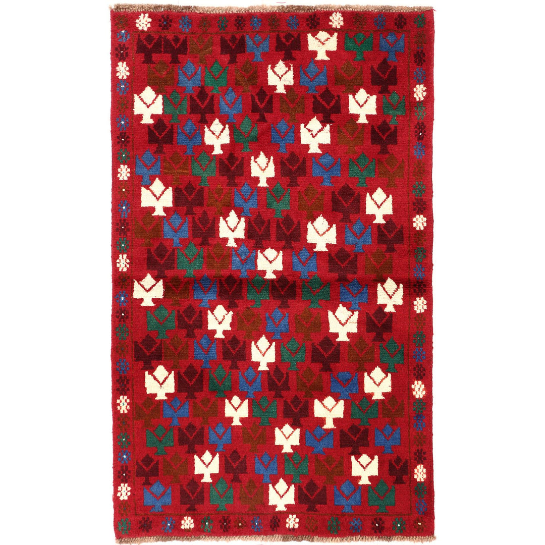 Red Afghan Baluchi Rug 3' 1" x 5' 1" Hand-Knotted