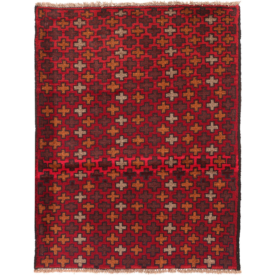 Red Afghan Baluchi Rug 3' 5" x 4' 5" Hand-Knotted