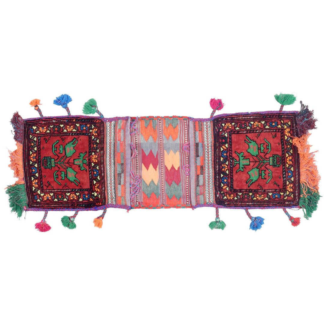 Red Afghan Saddle Bag Rug 1' x 2' 7" Hand-Knotted