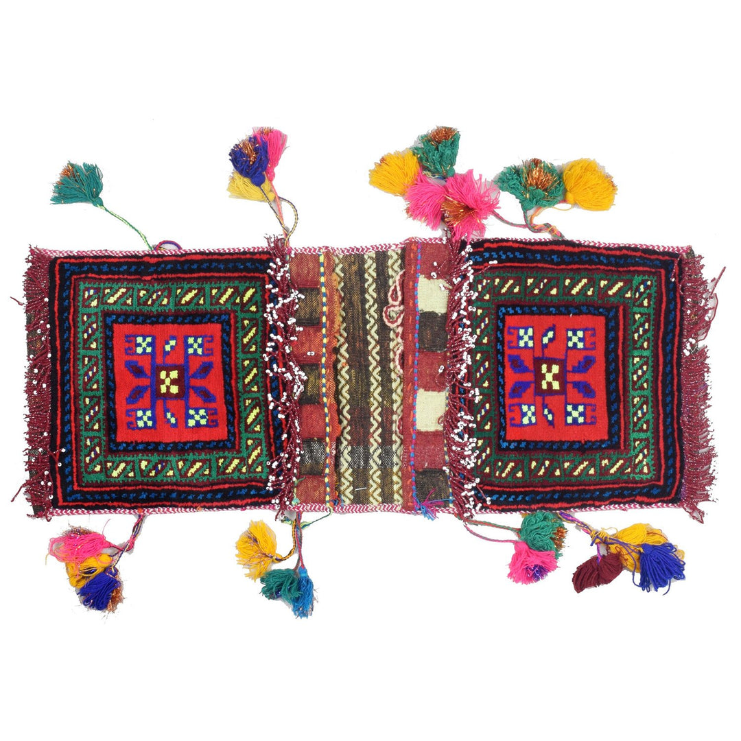 Red Afghan Saddle Bag Rug 1' x 2' 3" Hand-Knotted