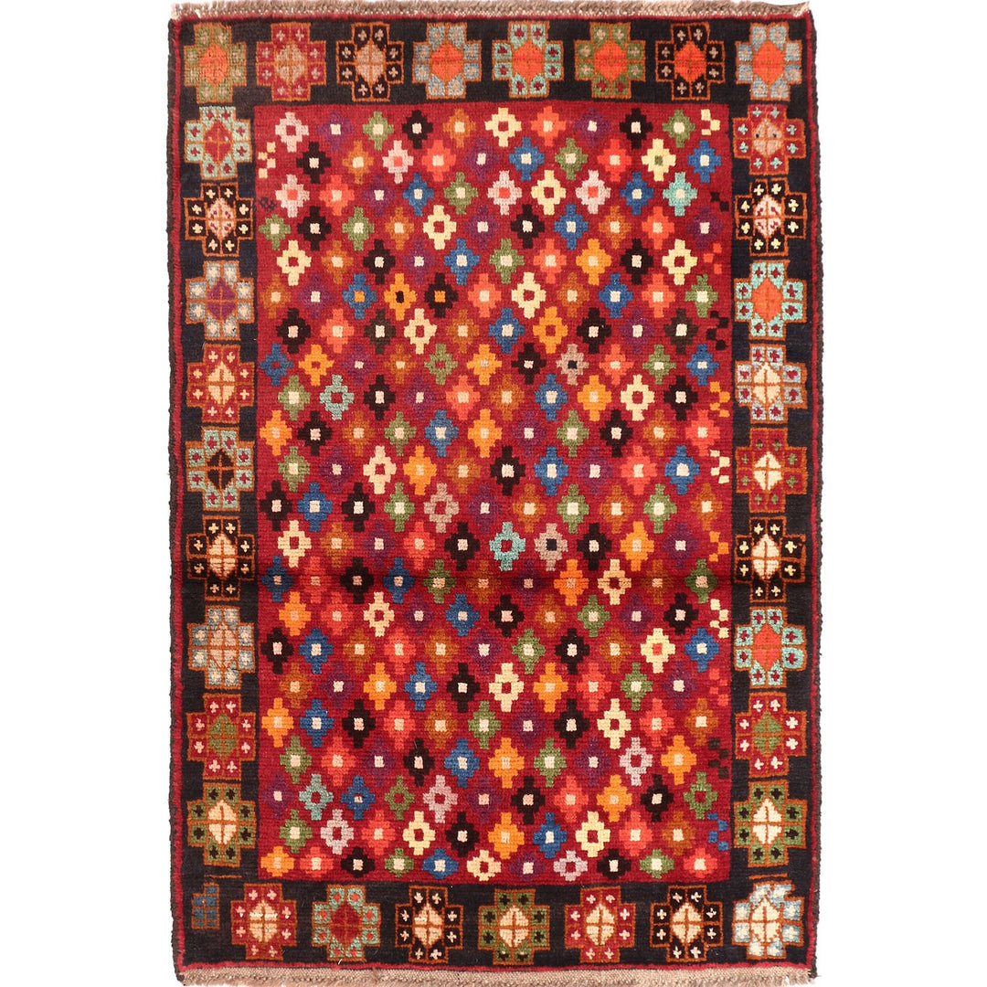 Red Afghan Baluchi Rug 3' x 4' 4" Hand-Knotted