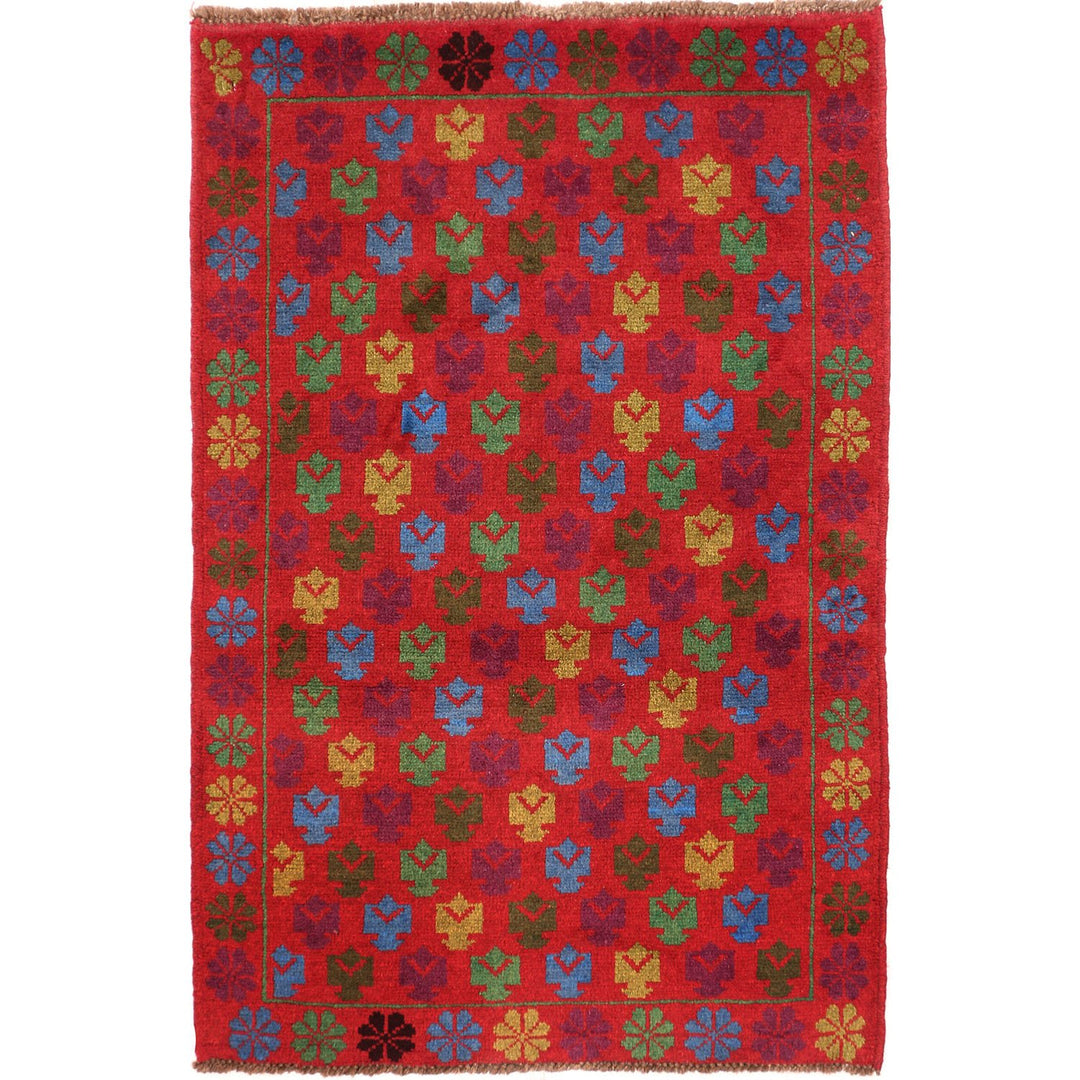 Red Afghan Baluchi Rug 3' x 4' 5" Hand-Knotted