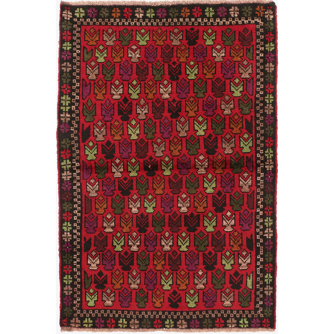 Red Afghan Baluchi Rug 3' 2" x 4' 7" Hand-Knotted