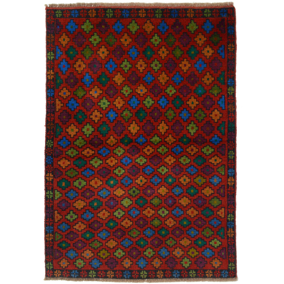 Red Afghan Baluchi Rug 3' 4" x 4' 7" Hand-Knotted