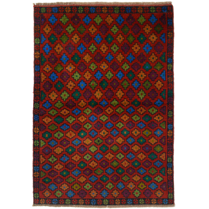 Red Afghan Baluchi Rug 3' 4" x 4' 7" Hand-Knotted