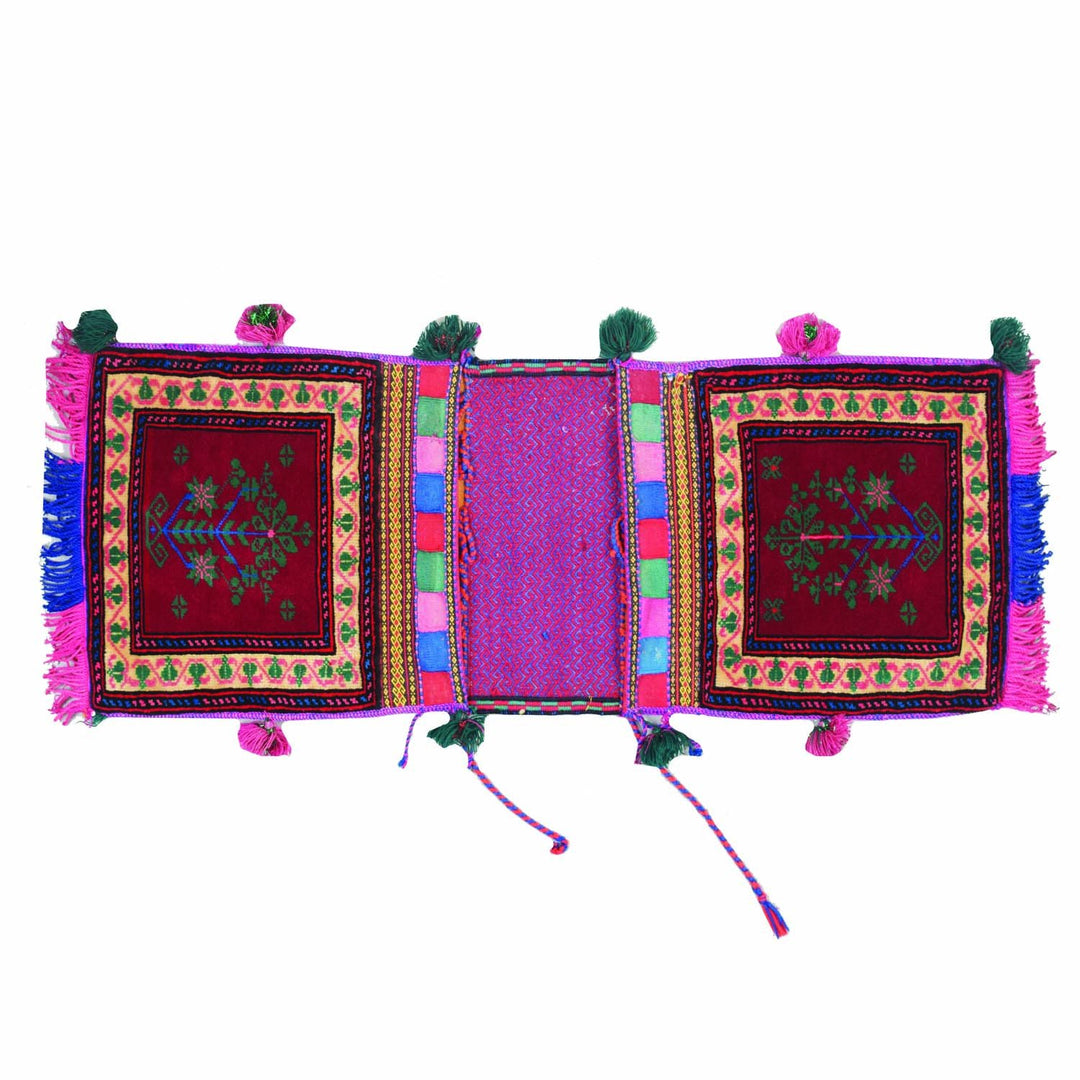 Red Afghan Saddle Bag Rug 1' x 2' 6" Hand-Knotted