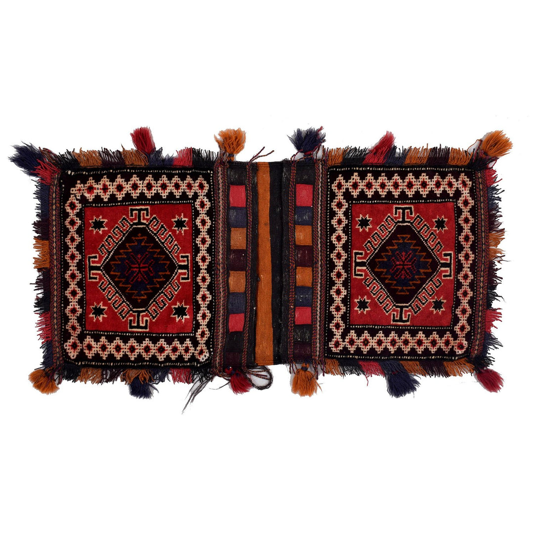 Red Afghan Saddle Bag Runner Rug 1' 8" x 4' 1" Hand-Knotted