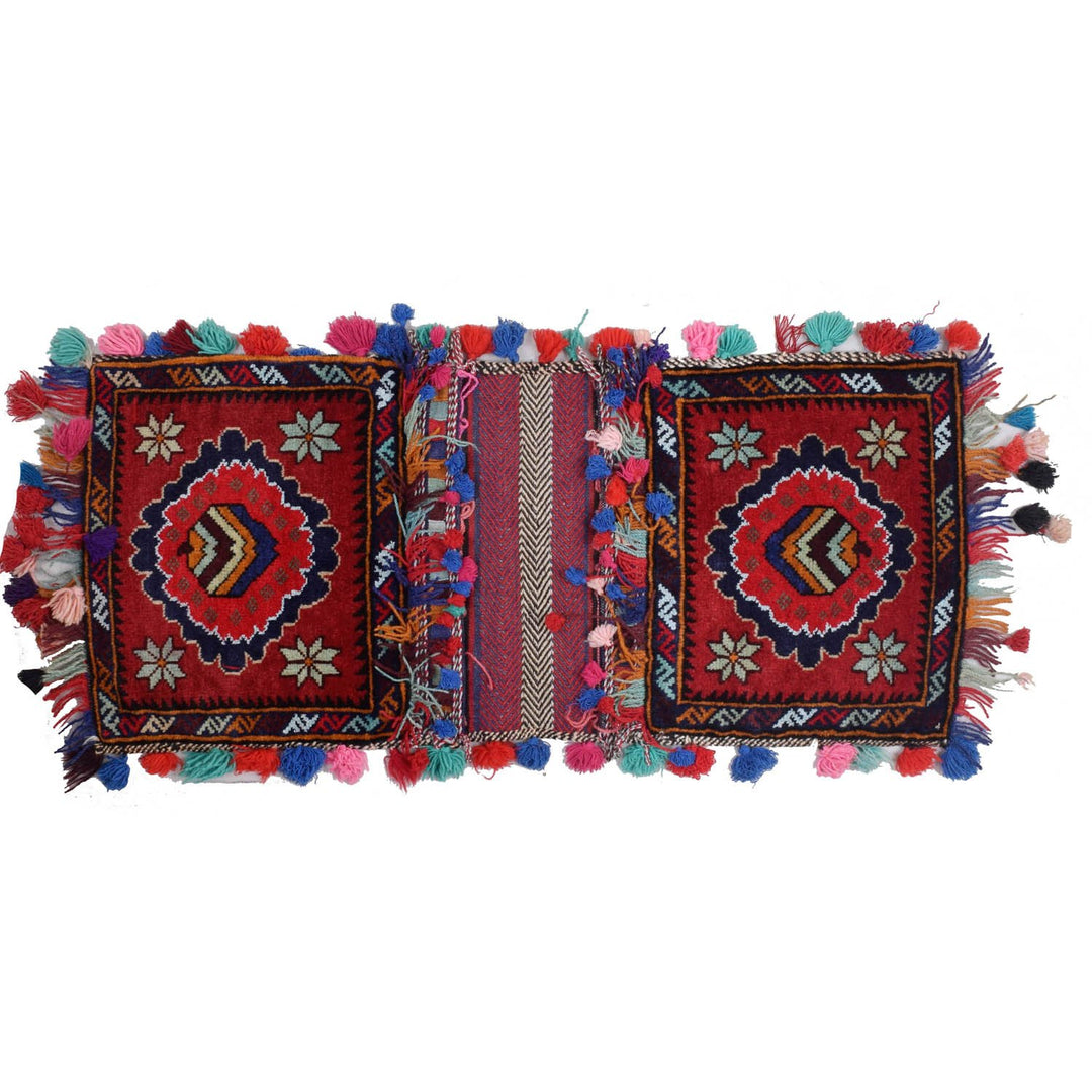 Red Afghan Saddle Bag Rug 1' 4" x 3' 5" Hand-Knotted