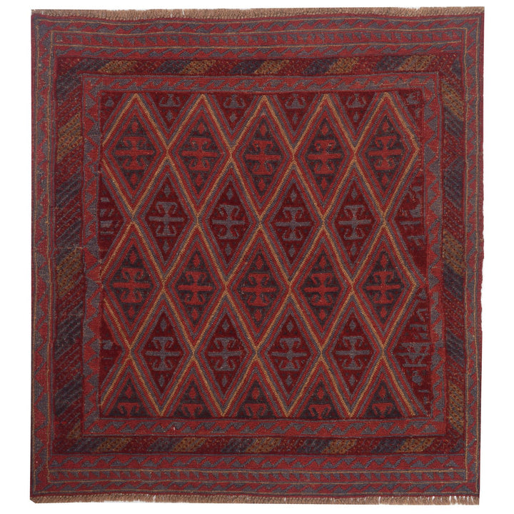 Red Afghan Mashwani Rug 3' 8" x 3' 9" Hand-Knotted pattern