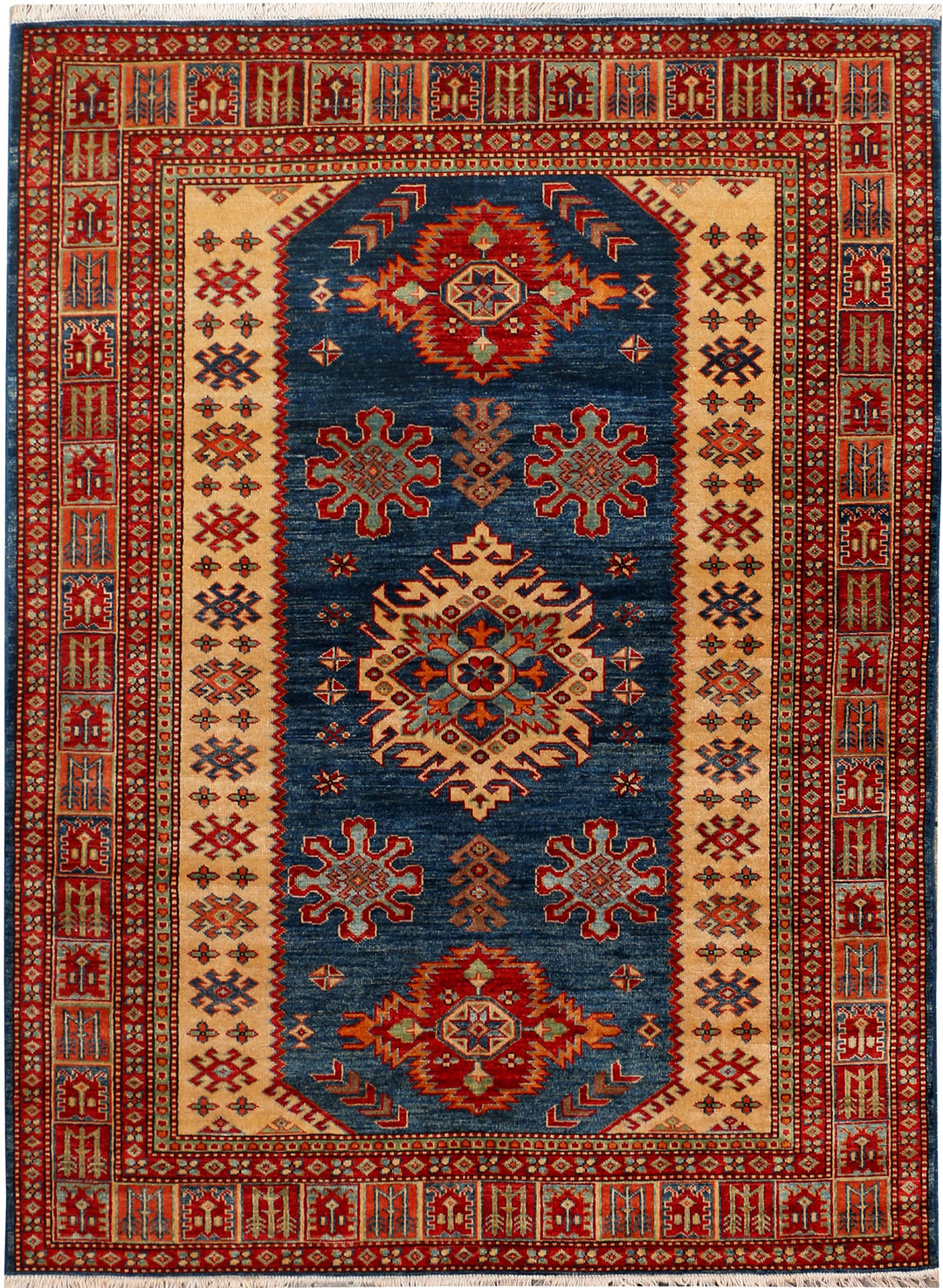Navy Afghan Kazak Rug 4'10" x 6'8" Hand-Knotted
