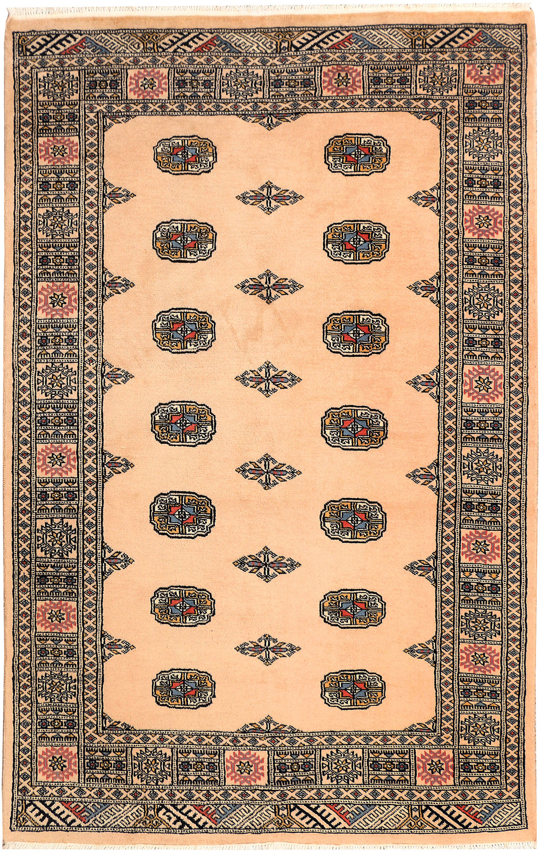 White Pakistani Bokhara Rug 4' x 6' 4 Hand-Knotted
