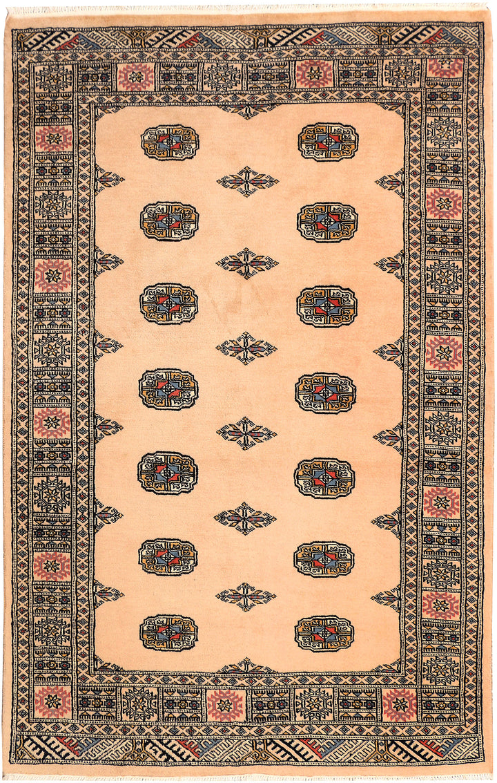 White Pakistani Bokhara Rug 4' x 6' 4 Hand-Knotted