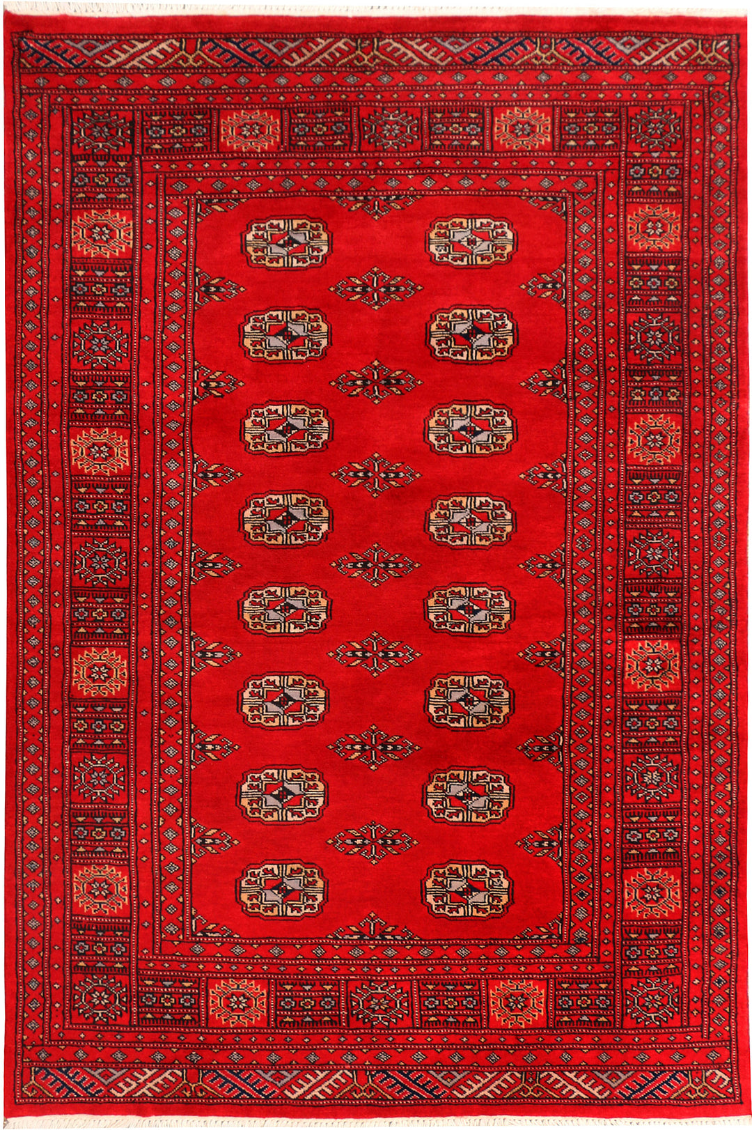 Red Pakistani Bokhara Rug 4' x 6' Hand-Knotted