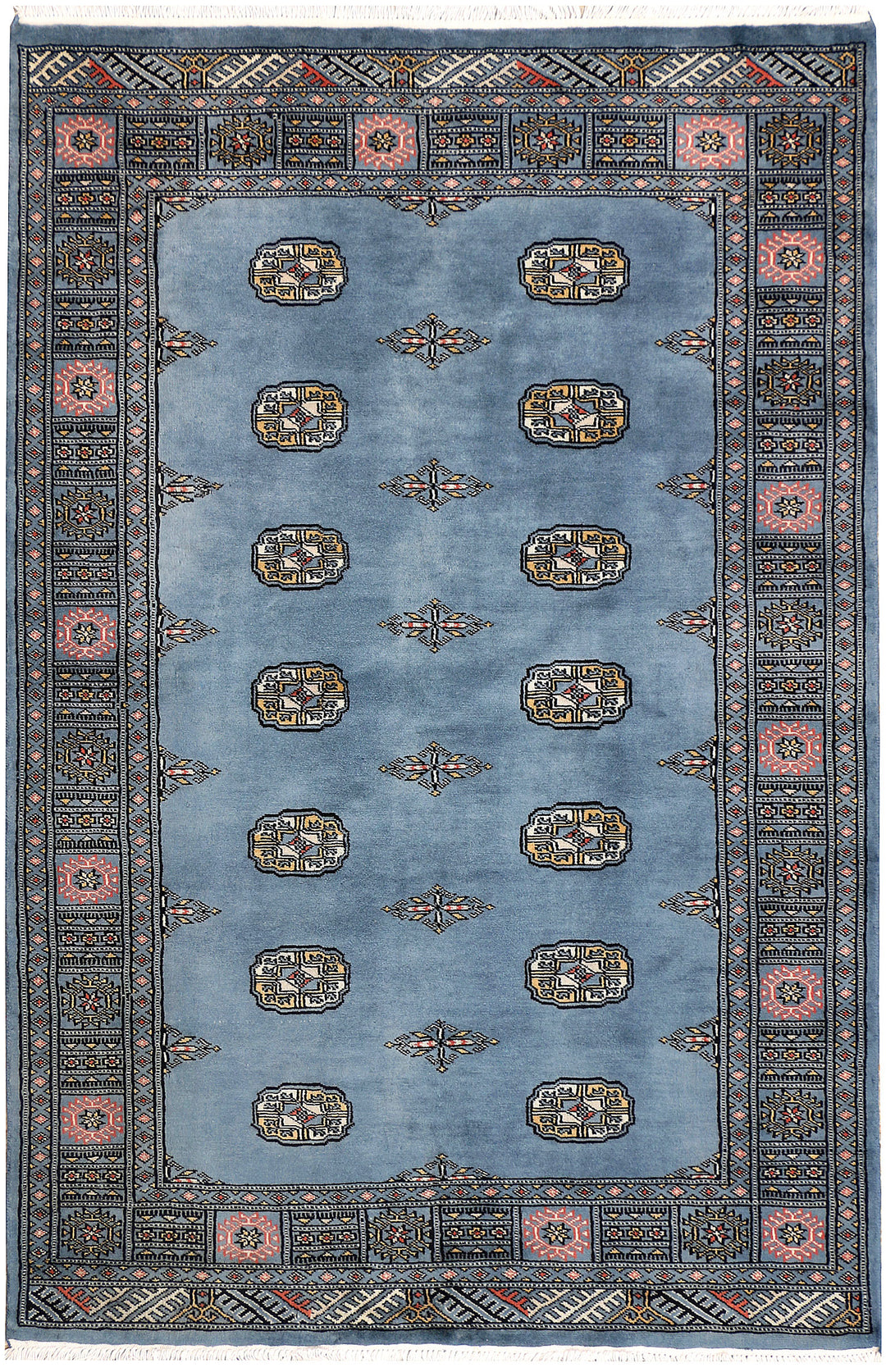Steel Blue Pakistani Bokhara Rug 4' x 6' 1 Hand-Knotted