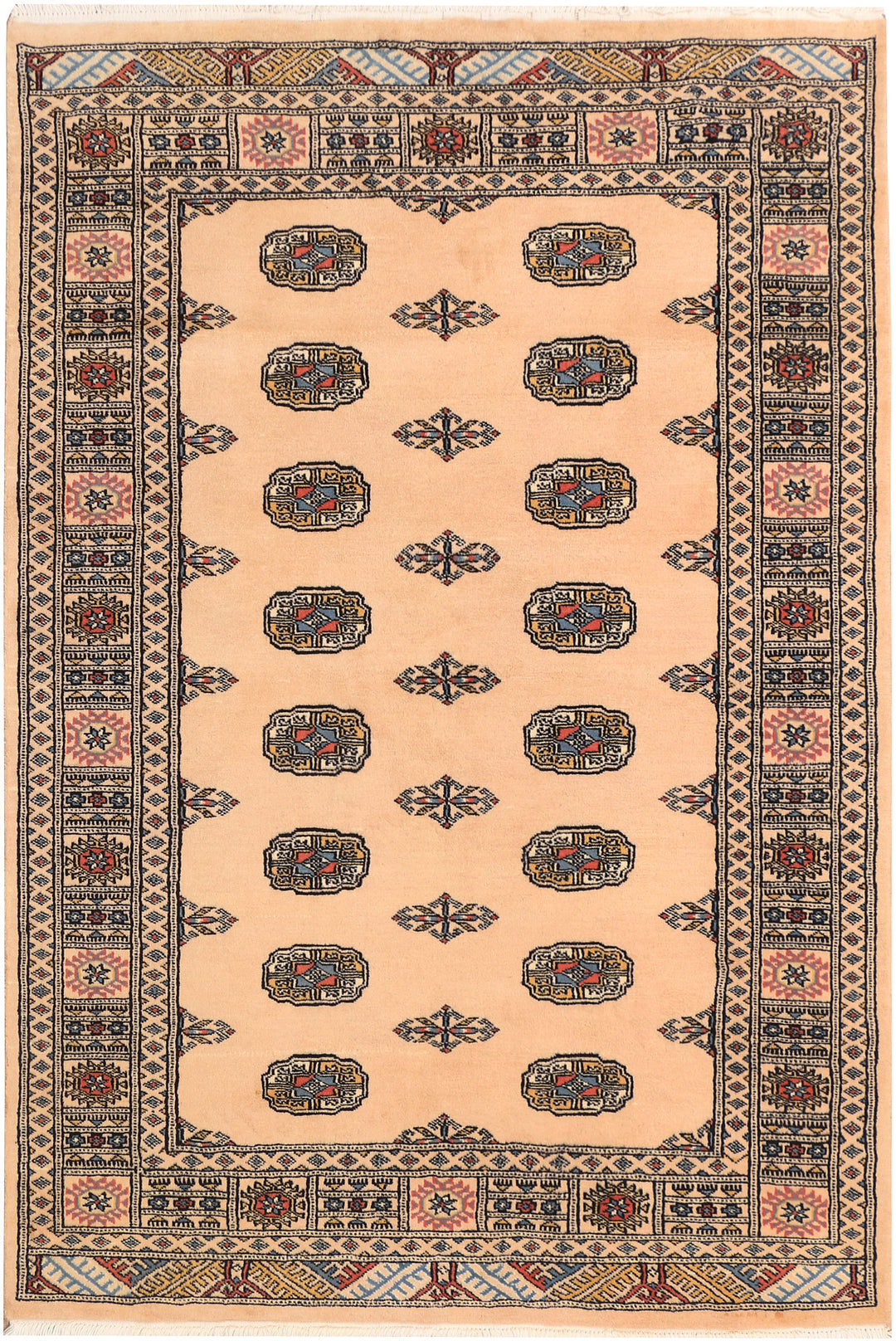 Tan Pakistani Bokhara Rug 4' 1" x 6' Hand-Knotted