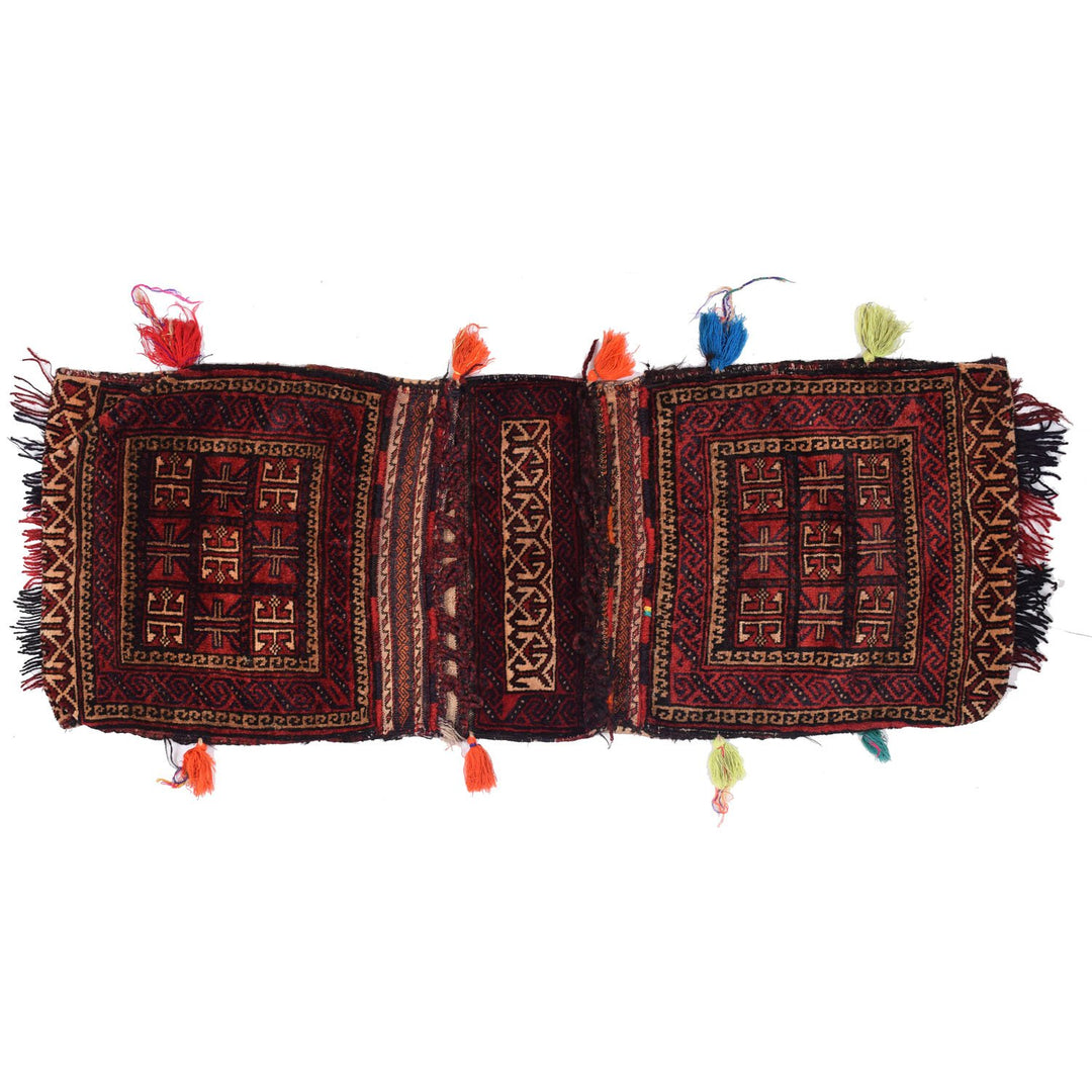 Red Afghan Saddle Bag Rug 1' 7" x 4' 4" Hand-Knotted