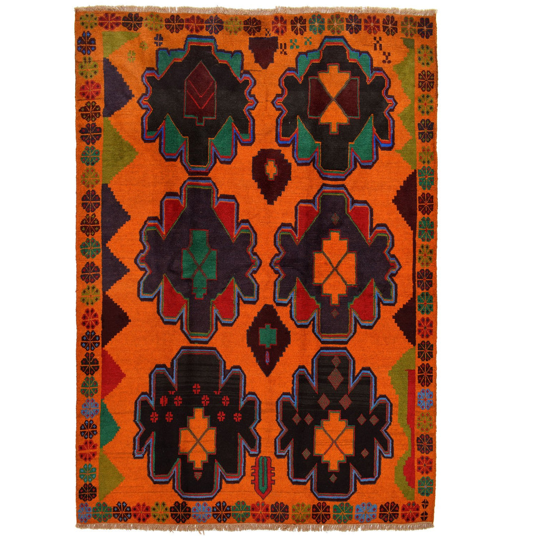 Orange Afghan Baluchi Rug 6'2" x 8'5" Hand-Knotted pattern